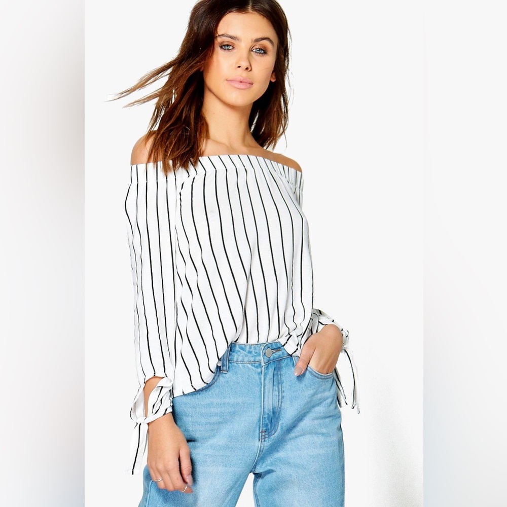Petite Cate Bardot Stripe Tie Sleeve Top